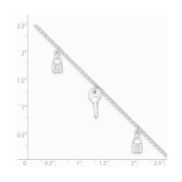 Sterling Silver Lock and Key Charm Anklet, 10 Inch - Picture 4 of 5